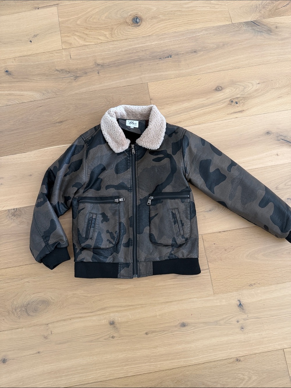 Kids Camouflage Sherpa Collar Bomber Jacket - Olive